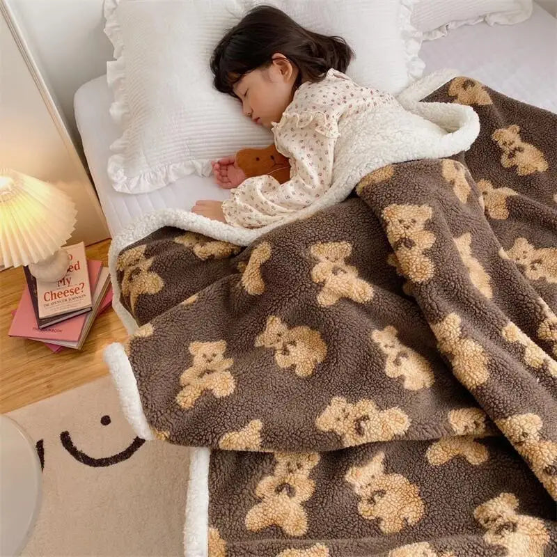 Cute Bear Lamb Wool Blanket Double Sided Lambswool Soft Warm Sherpa Sofa Throw Blankets Napping Quilt Blankets for Kids &Adult Bunnito