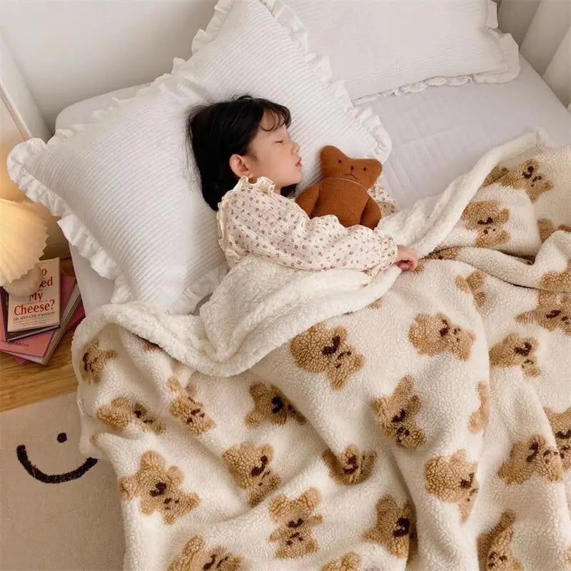 Cute Bear Lamb Wool Blanket Double Sided Lambswool Soft Warm Sherpa Sofa Throw Blankets Napping Quilt Blankets for Kids &Adult Bunnito