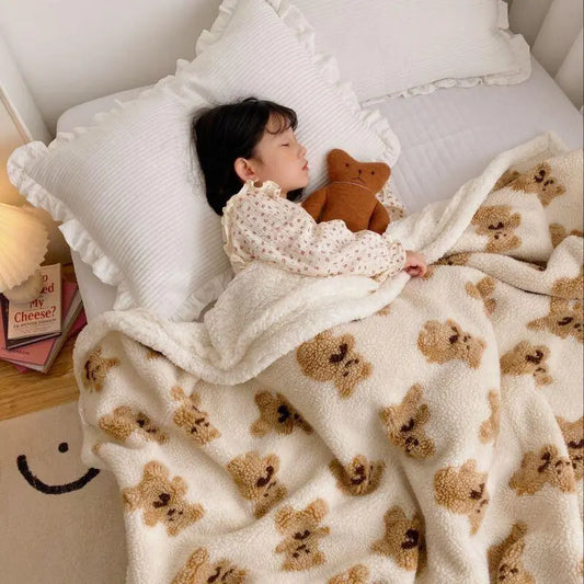 Cute Bear Lamb Wool Blanket Double Sided Lambswool Soft Warm Sherpa Sofa Throw Blankets Napping Quilt Blankets for Kids &Adult Bunnito
