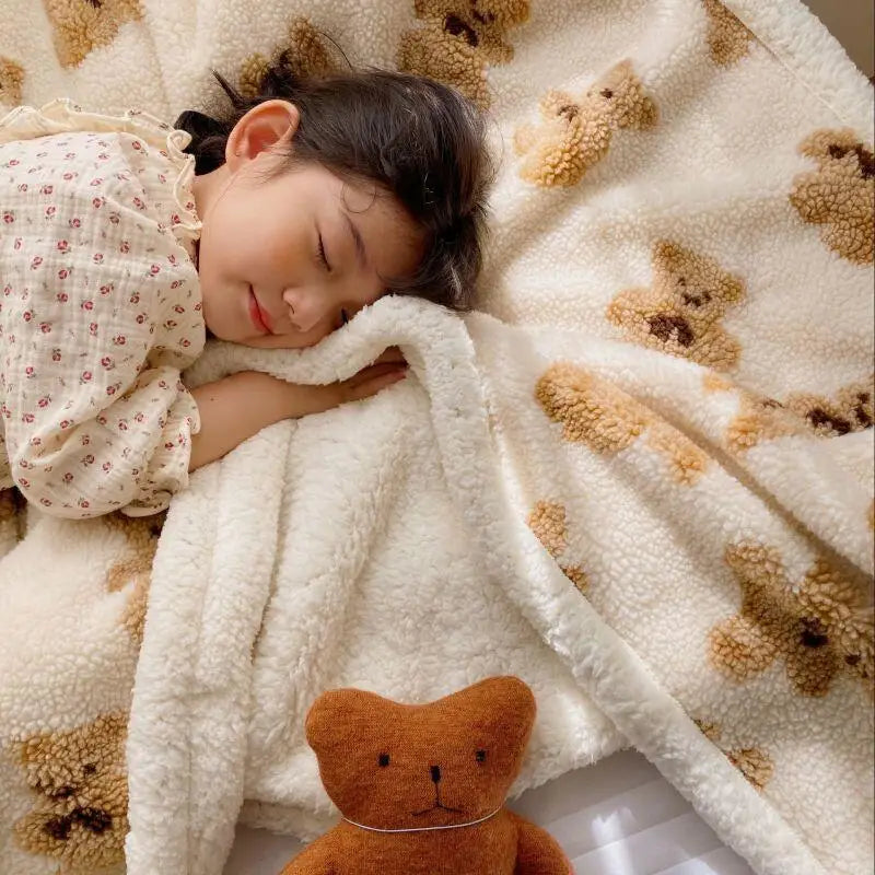 Cute Bear Lamb Wool Blanket Double Sided Lambswool Soft Warm Sherpa Sofa Throw Blankets Napping Quilt Blankets for Kids &Adult Bunnito